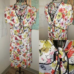 Y2K Fab Does-40s Rayon Colorful Floral  Day Dress Faux Wrap Vintage-Style M